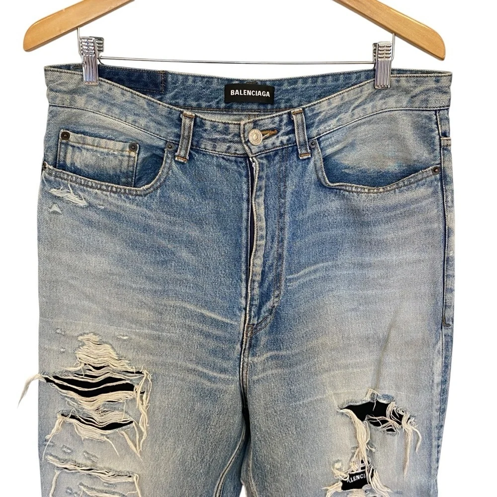 Balenciaga Distressed Ripped Logo Blue Jeans 2020 Size 34